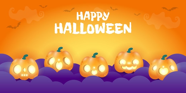 Feliz halloween banner o fondo de invitación a una fiesta con nubes nocturnas y calabazas en el cielo