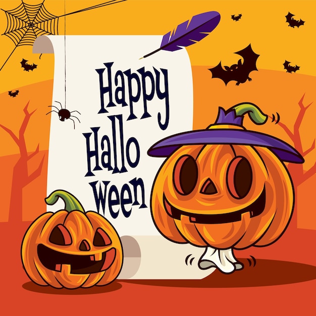 Feliz halloween con calabaza de bruja de dibujos animados en halloween saludo pergamino vintage y pluma de pluma