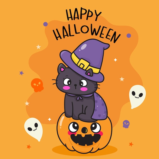 Feliz Halloween calabaza y gato brujo con espeluznante fantasma kawaii dibujos animados