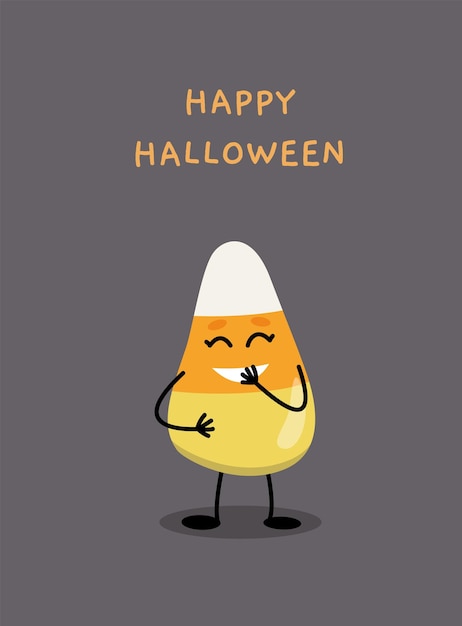 Feliz Halloween Candy Corn feliz tarjeta de felicitación cartel banner Riendo dulces en colores amarillo blanco naranja Dibujos animados plano aislado vector stock ilustración EPS 10 sobre fondo gris