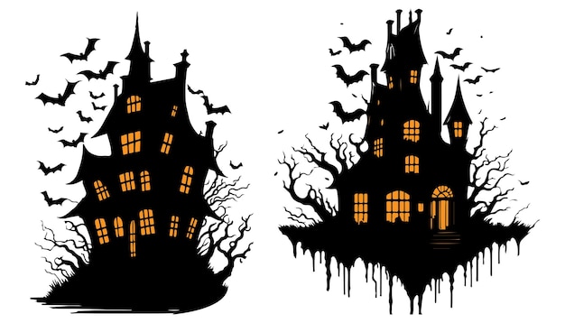 Feliz Halloween Casa fantasma aterradora con murciélagos Ilustración vectorial Casa aterradora de la noche de Halloween