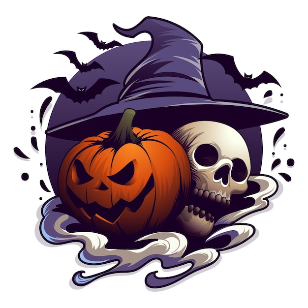 Feliz Halloween Clipart o insignia Sombrero de bruja calabaza murciélago volador y imagen de cráneo aterrador