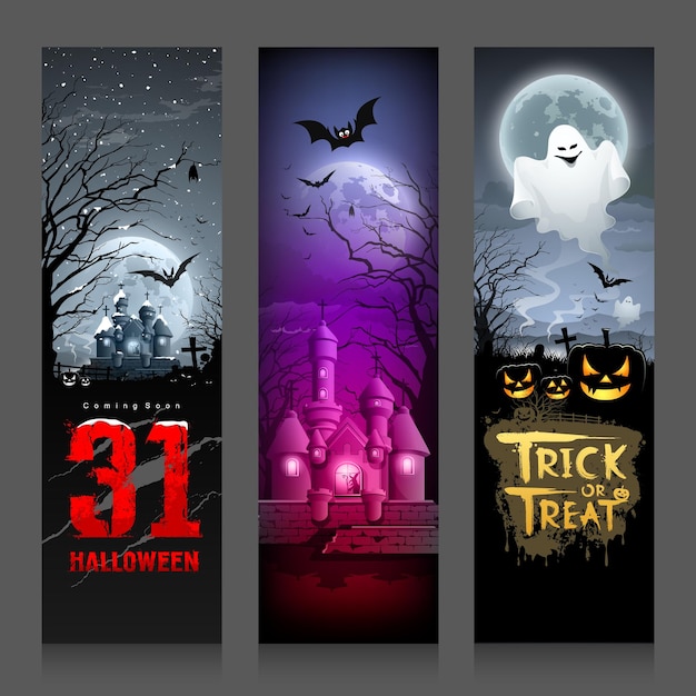 Feliz halloween colecciones banner diseño vertical fondo ilustraciones vectoriales