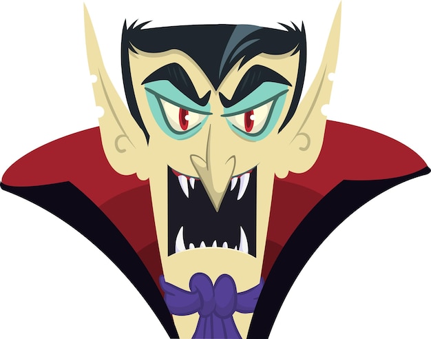 Vector feliz halloween conde drácula cara avatar lindo personaje de vampiro de dibujos animados con grandes colmillos de lengua de boca abierta