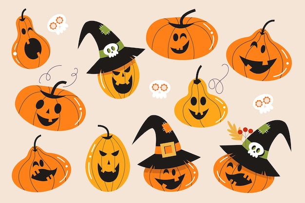 Vector feliz halloween un conjunto de calabazas aterradoras y divertidas naranjas y amarillas ilustración vectorial