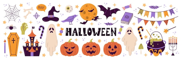 Feliz Halloween conjunto de elementos fantasma calabaza murciélago Vector es una linda ilustración en estilo dibujado a mano