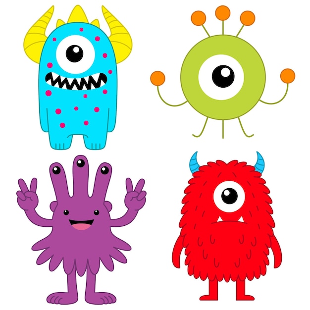 Feliz Halloween Conjunto de monstruos divertidos silueta colorida personaje de dibujos animados kawaii bebé ojos cuernos dientes colmillos lengua