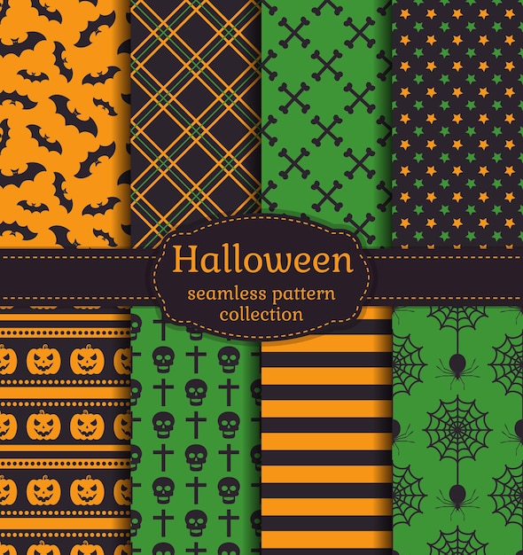 ¡Feliz Halloween! Conjunto de patrones sin fisuras con símbolos tradicionales de vacaciones