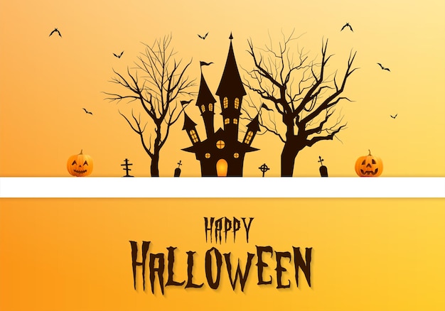 Feliz halloween decorado ilustración de fondo con castillo embrujado árboles muertos lápida y texto de halloween