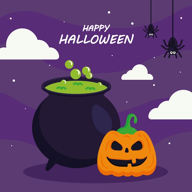 Vector feliz halloween con dibujos animados de calabaza y diseño de cuenco de bruja, vacaciones y tema aterrador.