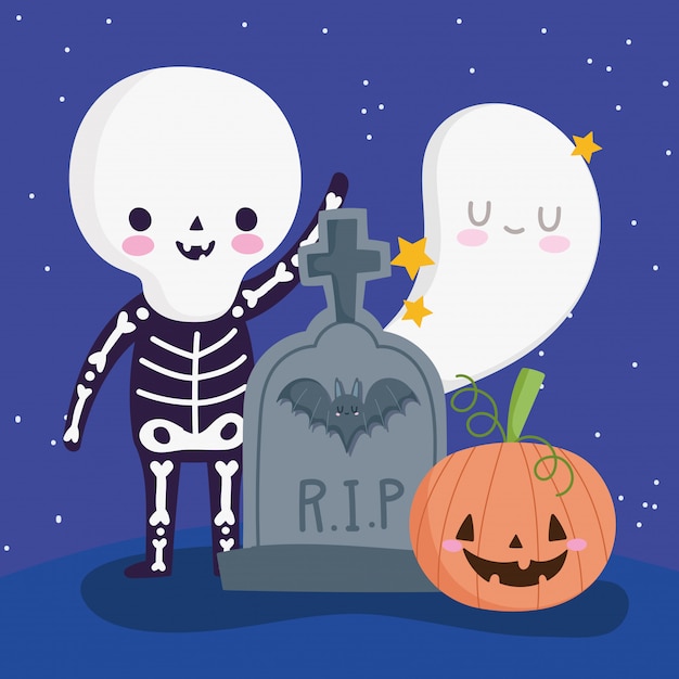 Feliz halloween, disfraz de esqueleto fantasma de calabaza y lápida truco o trato ilustración de celebración de fiesta
