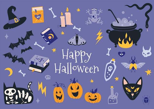 Feliz Halloween con elementos de decoración de murciélagos de calabazas Colección de magia mística bohemia Prediseñadas Moda moderna ilustración vectorial dibujada a mano diseño plano