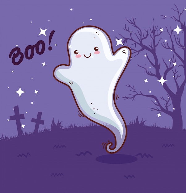 Feliz halloween, fantasma en el cementerio de escena, diseño de ilustraciones vectoriales