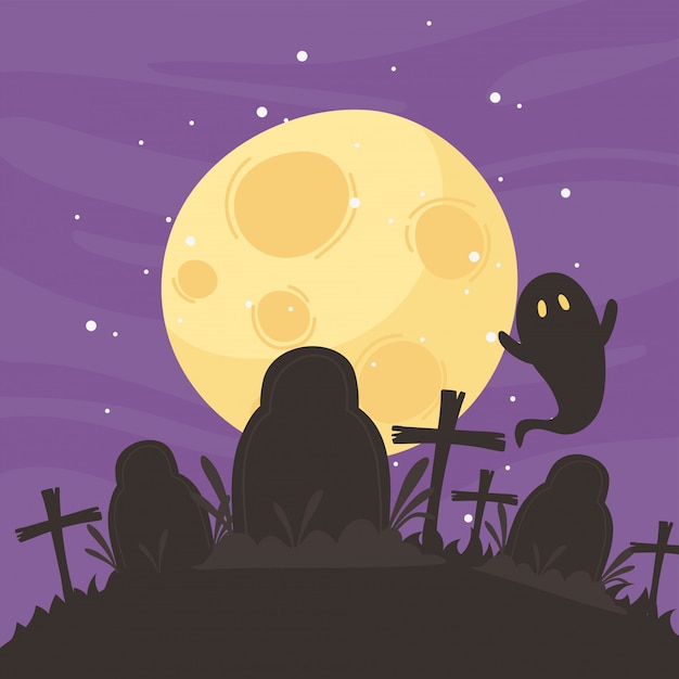 Feliz halloween, fantasma cementerio luna cielo nocturno truco o trato fiesta celebración ilustración vectorial