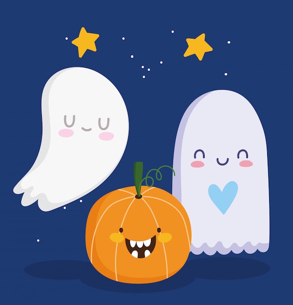 Feliz halloween, fantasmas lindos y calabaza truco o trato ilustración de celebración de fiesta