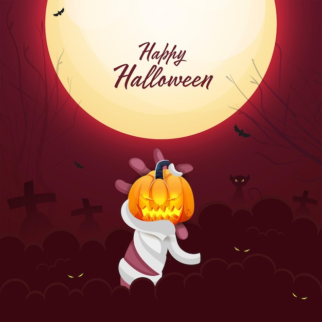 Feliz halloween fuente con mano de zombie sosteniendo jack-o-lantern sobre fondo de cementerio rojo de luna llena.