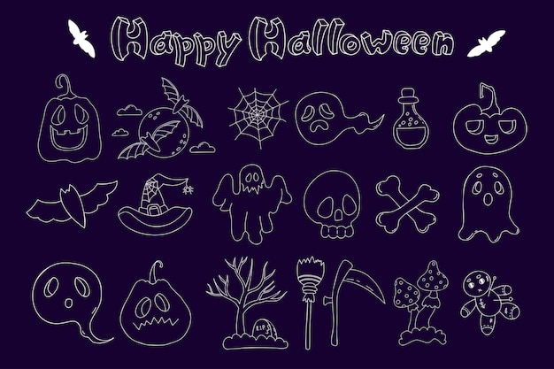 Feliz Halloween garabatos Elementos de contorno Línea blanca sobre fondo oscuro