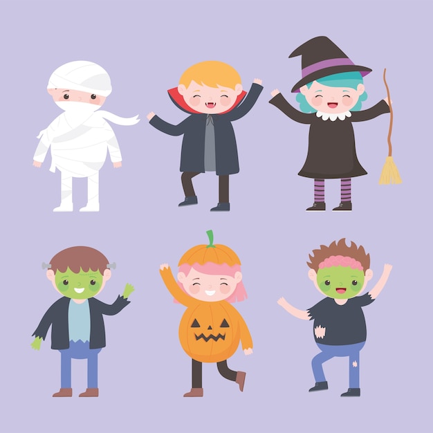 Feliz halloween, grupo de personajes de disfraces para niños, truco o trato, celebración de fiestas