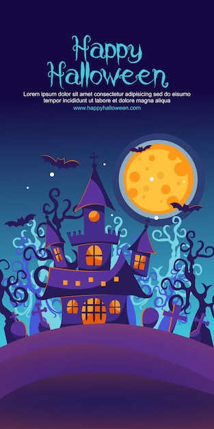 Feliz Halloween con Haunted Castle Bat Full Moon Tree y Cementerio Vector Flat Design