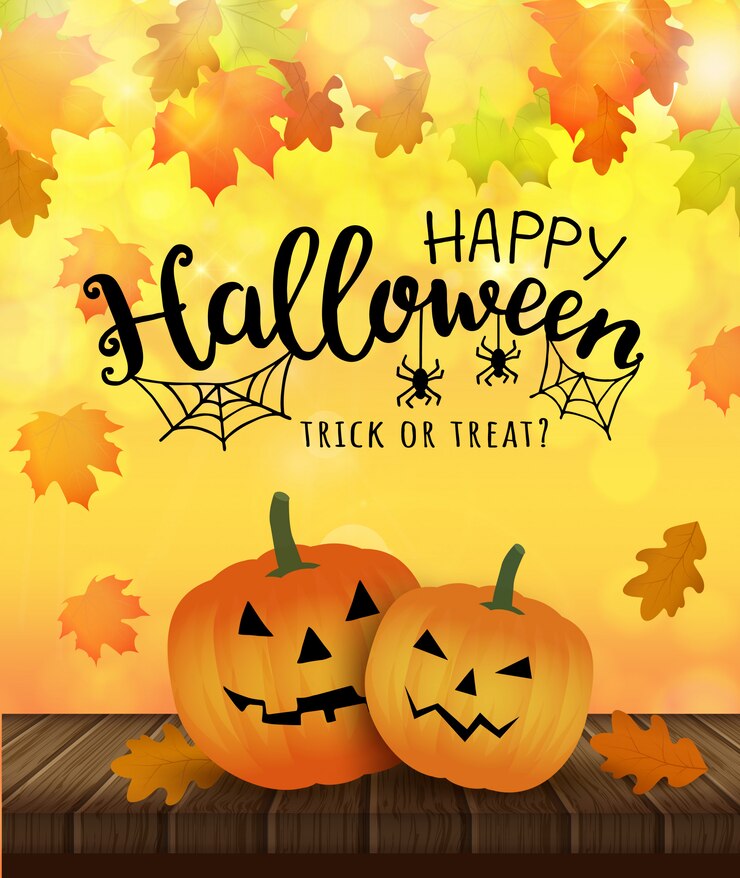 Feliz halloween. Ilustración de trrick o treat con calabazas y tela y araña.