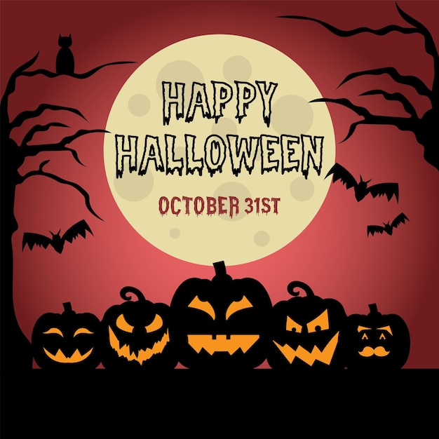 Feliz halloween invitación de fiesta del 31 de octubre con calabazas, murciélagos y luna llena