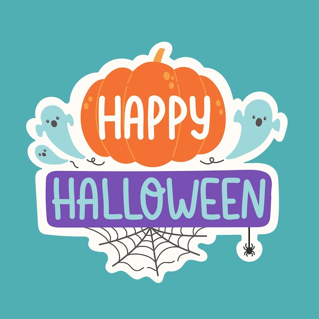 Feliz halloween letras calabaza fantasmas araña y telaraña vector ilustración