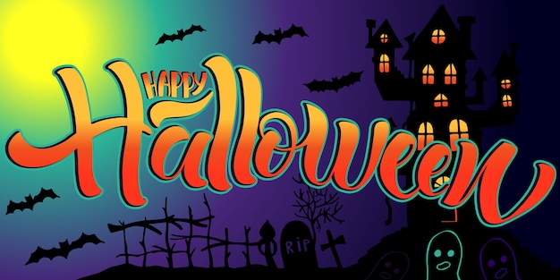 Feliz Halloween letras, sobre fondo oscuro.