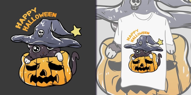 Feliz halloween. lindo gato en calabaza ilustración para camiseta