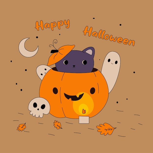 Feliz Halloween Lindo gato mira fuera de una calabaza Tarjeta de felicitación de Halloween calabaza espeluznante y fantasma