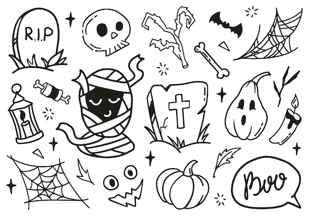 Vector feliz halloween lindo vector conjunto con momia lápida cráneo calabaza web velas aisladas sobre fondo blanco boo discurso burbuja letras cita en estilo garabato