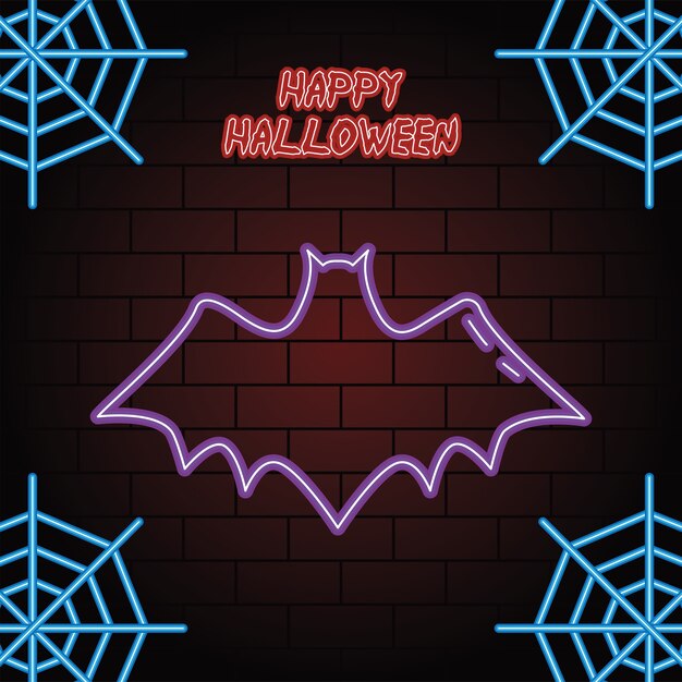 Vector feliz halloween luz de neón de murciélago, diseño de ilustraciones vectoriales