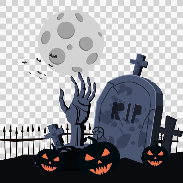 Feliz halloween con mano zombie cementerio calabazas murciélagos spooky