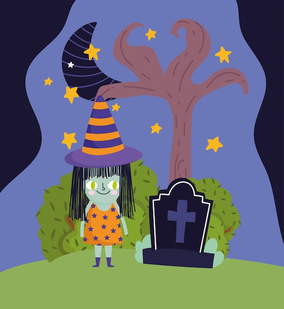 Feliz halloween, niña con disfraz de bruja lápida cielo nocturno truco o trato fiesta celebración ilustración vectorial