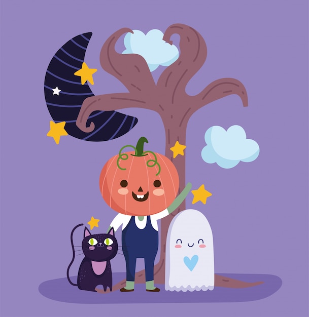 Feliz halloween, niño con disfraz de calabaza fantasma gato luna noche truco o trato fiesta celebración ilustración vectorial