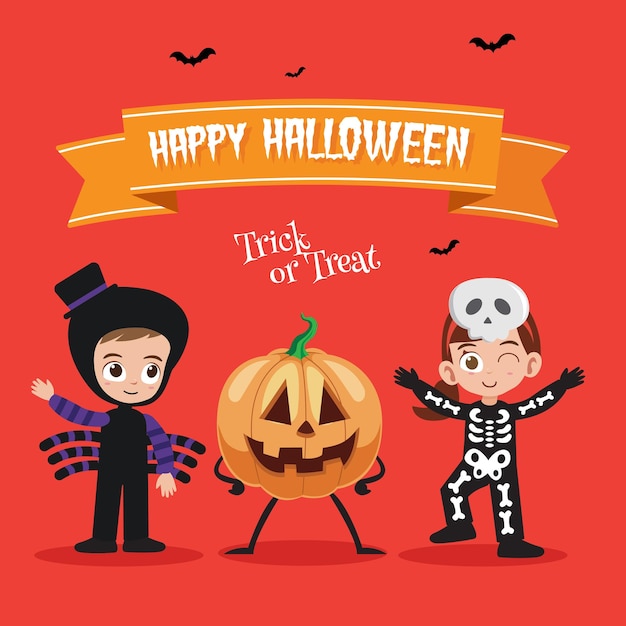 Feliz halloween con niños felices en esqueleto, ilustración de vector de traje de araña