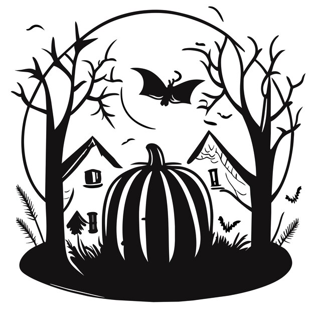 Vector feliz halloween con noche y aterrador castillo embrujado dibujo a mano adhesivo de dibujos animados plano elegante