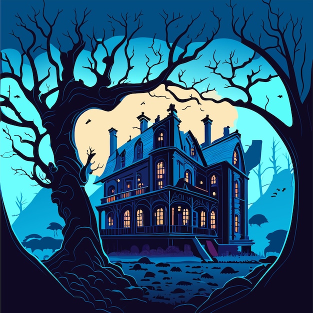Vector feliz halloween con la noche y el castillo aterrador mano dibujada plana estilosa pegatina de dibujos animados