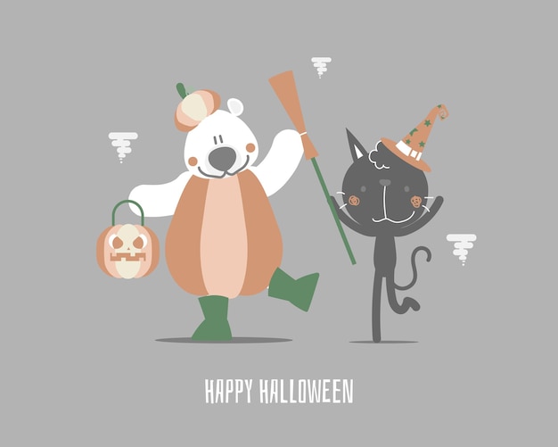 feliz halloween con oso polar y calabaza y gato con escoba