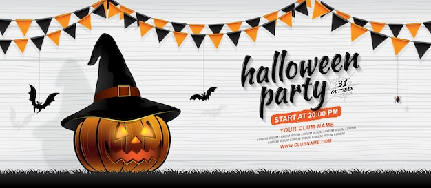 Feliz halloween party banner plantilla calabaza con sombrero de bruja