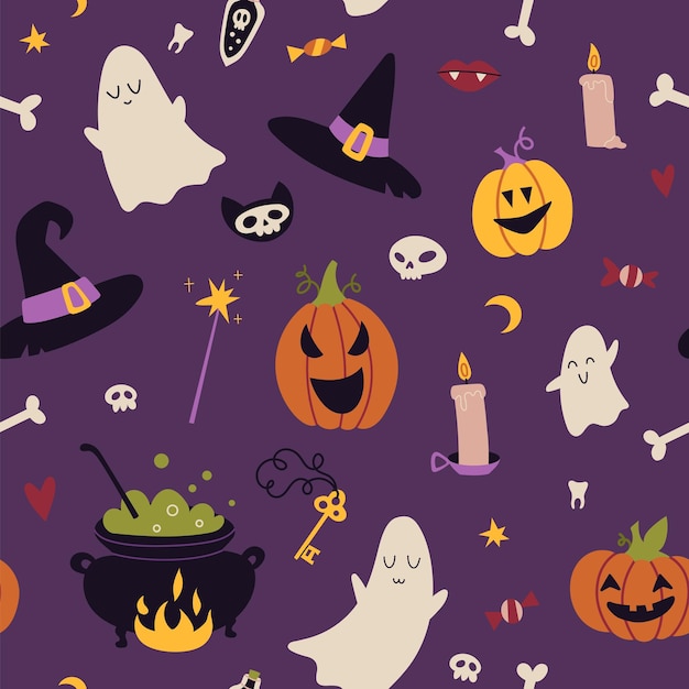 Feliz Halloween Patrón sin costuras con elementos de decoración de murciélagos de calabaza estilo de dibujos animados Brujería con estética Arte mágico místico Moda moderna ilustración vectorial dibujado a mano diseño plano