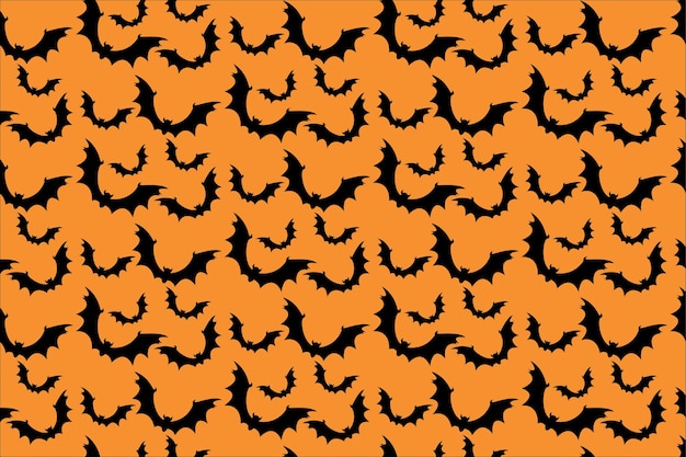 Vector feliz halloween de patrones sin fisuras con murciélagos negros sobre fondo naranja.
