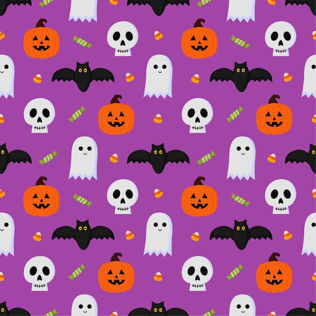 feliz halloween de patrones sin fisuras sobre fondo púrpura.