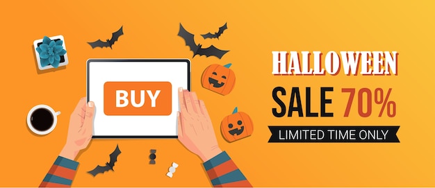 Feliz halloween plantilla de promoción de venta concepto de celebración navideña descuento estacional tarjeta de felicitación de volante ilustración vectorial horizontal