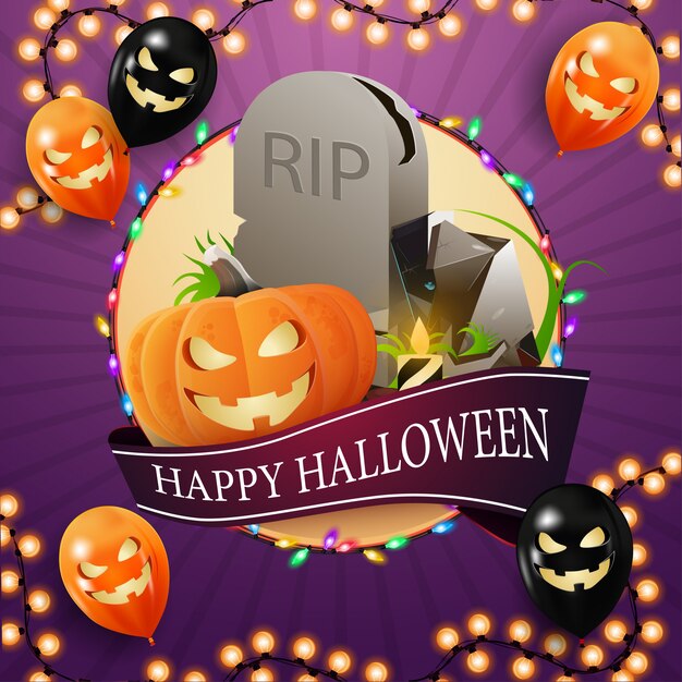 Feliz Halloween, postal cuadrada con gran círculo, guirnalda, globos de halloween, lápida y calabaza Jack