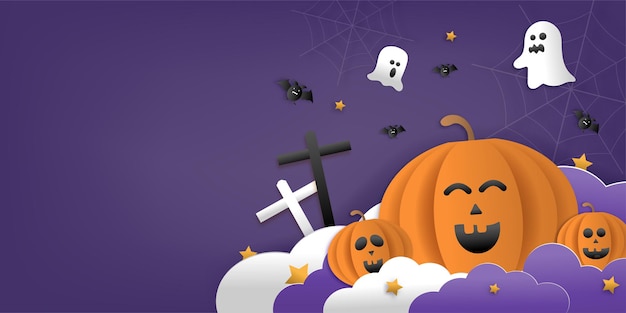 Feliz Halloween saludo banner o invitación a una fiesta con nubes nocturnas, calabazas, murciélagos y fantasmas lindos, vampiros sobre un fondo violeta. Corte de papel y estilo papercraft.Ilustración de vector.