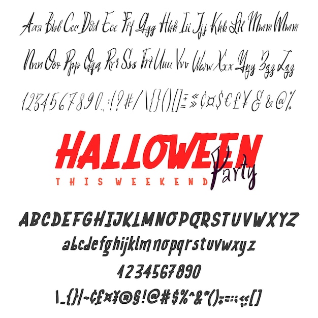Vector feliz halloween texto banner conjunto de tipografía dibujada a mano aislado en blanco