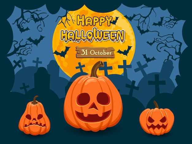 Feliz Halloween tres calabazas y luna sobre fondo azul noche. Ilustración de imágenes prediseñadas de vector para tarjetas navideñas y pancartas
