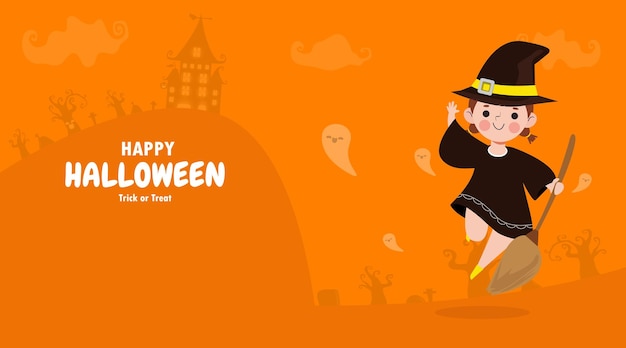 Feliz halloween truco o trato bruja de estilo plano y plantilla de banner de invitación de celebración de fiesta divertida