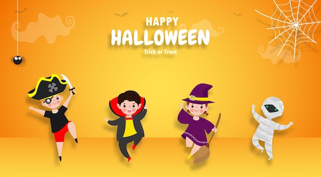 Feliz halloween truco o trato estilo de corte de papel disfraz de niños diversión fiesta celebración invitación banner