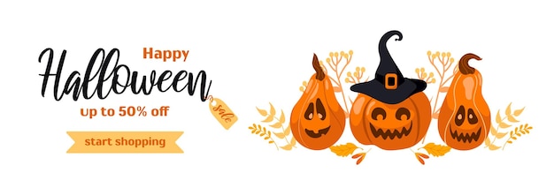 Feliz halloween venta banner horizontal estilo de dibujos animados calabaza jackolantern sombrero de bruja otoño